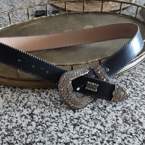 Women's Black Leather Belt with Embellished Silver Buckle